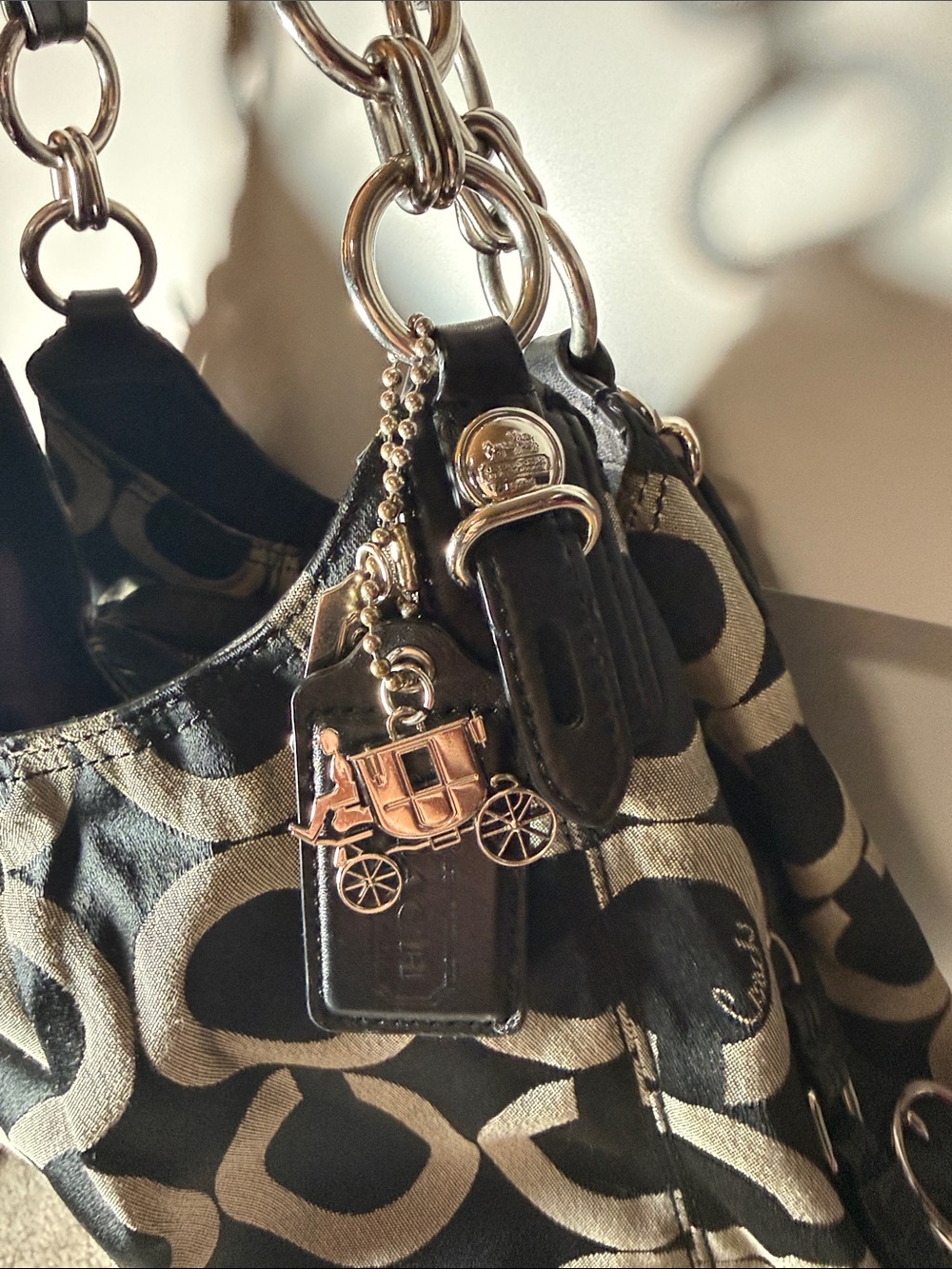 Coach Black and Cream Signature Shoulder Bag with Coach Carriage Charm
